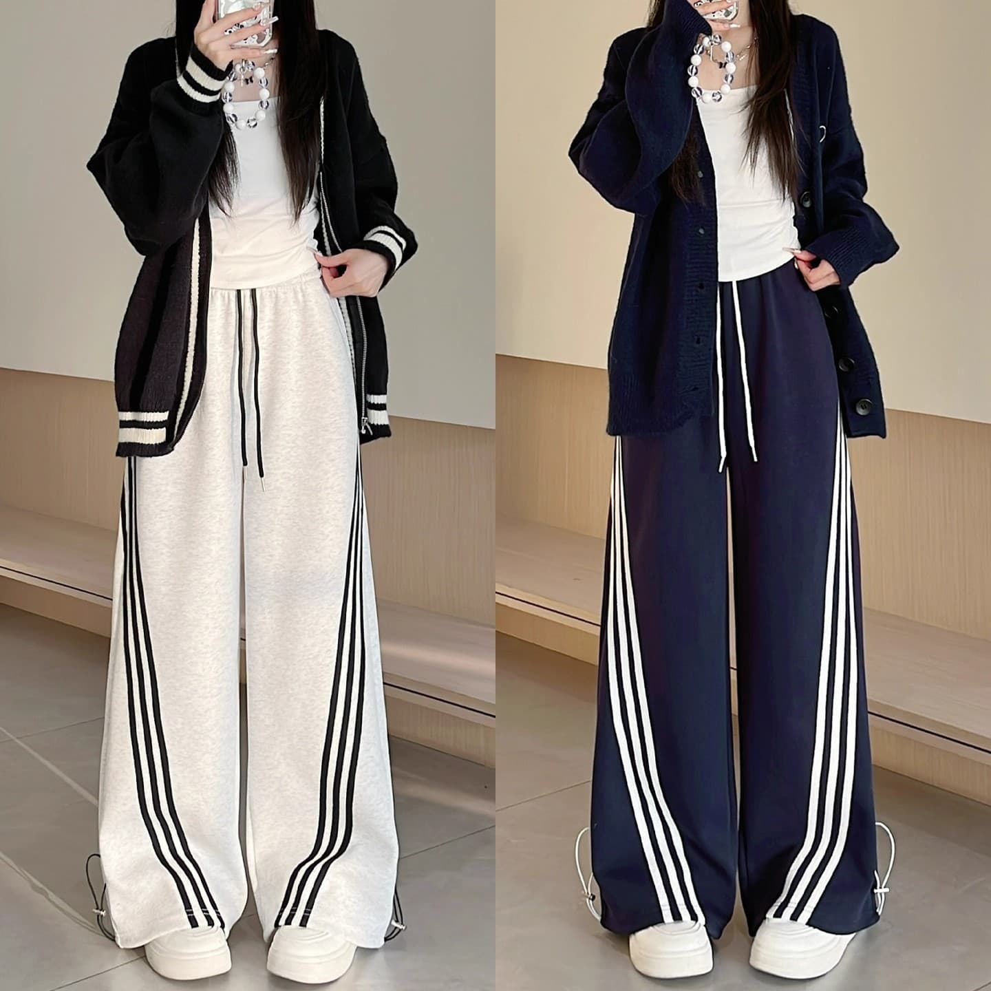 Black Sweatpants Fall 2025 New High-Waist Cuffed American Casual Versatile Joggers Slimming Three-Stripe Wide-Leg Pants