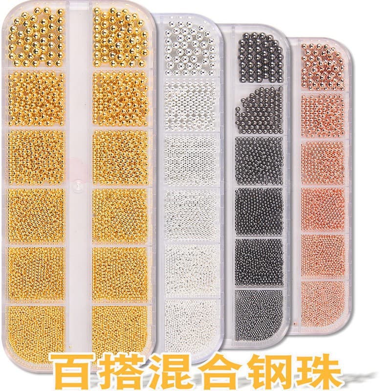 Mini small steel ball nail art jewelry white K gold silver small size metal round beads boxed nail art jewelry