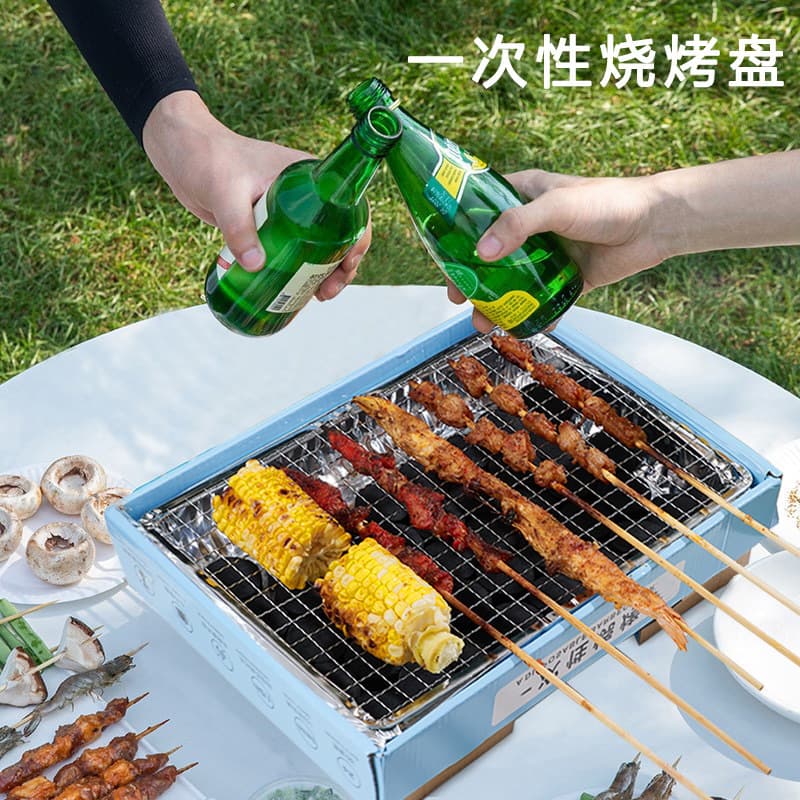 Disposable BBQ Grill Set with Picnic Stove, Outdoor Portable Home Small Fruitwood Charcoal Smokeless Roasting Rack