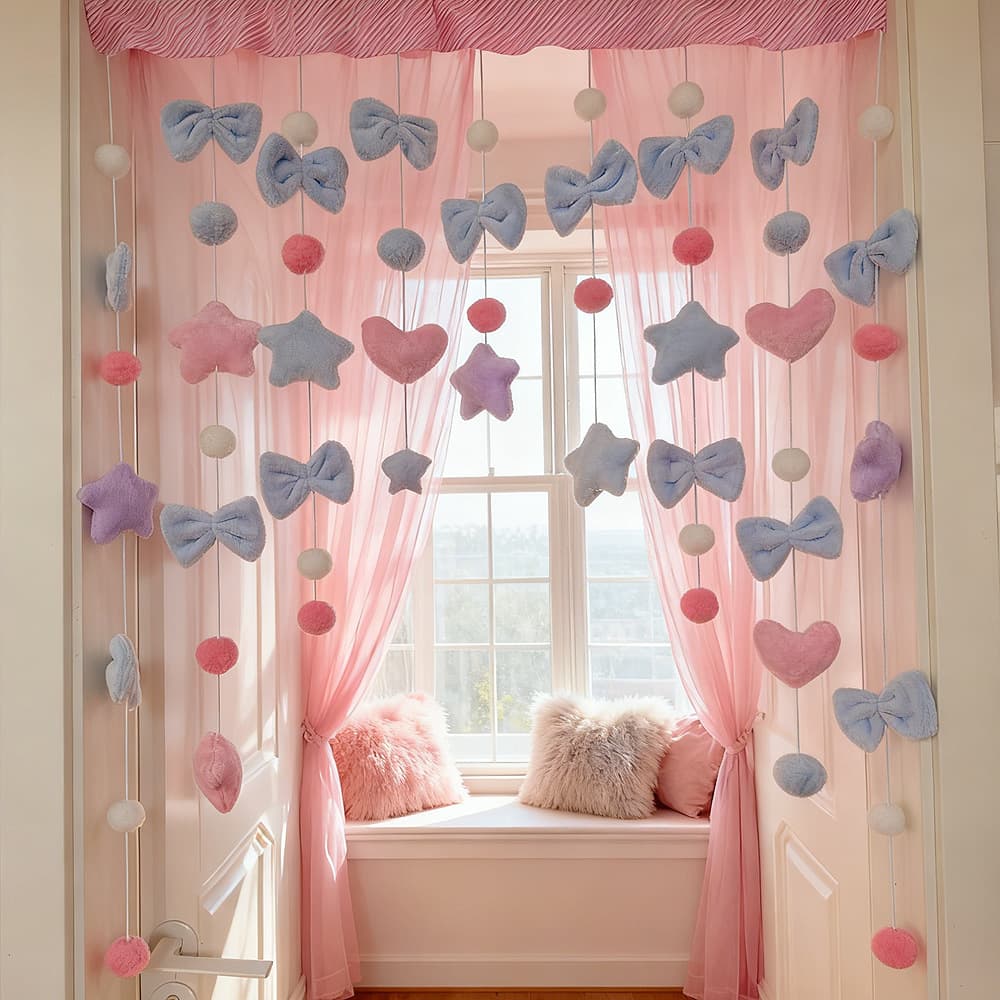 Blue Butterfly Bow Bathroom Home Door Curtain Decorative Curtain Partition Curtain Bedroom Magic Tape Hanging Curtain for Kids