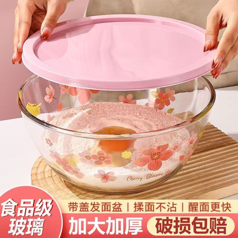 High-Temperature Resistant Floral Glass Bowl, Thickened Dough Mixing Bowl, Microwave Safe, Borosilicate Glass, 2700ml Salad Bowl