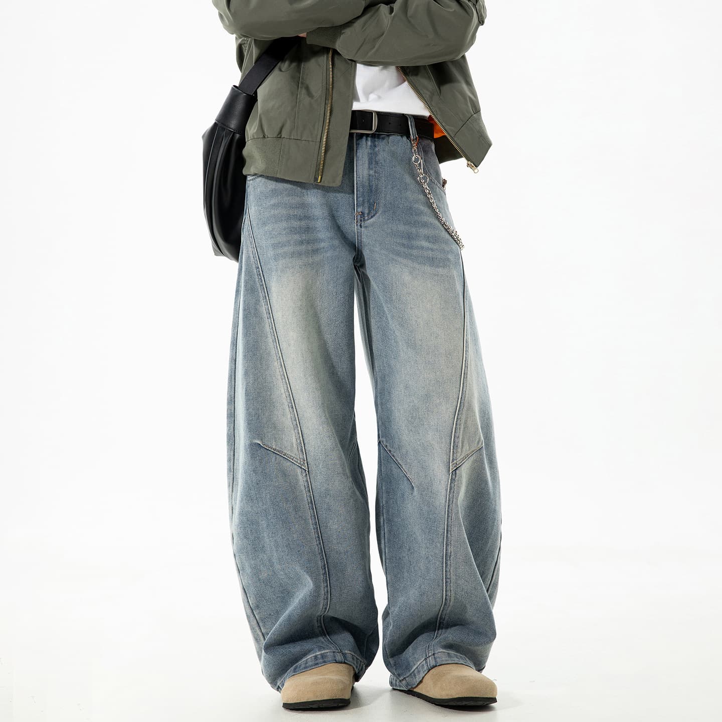 Split structure vintage washed curved knife jeans men's autumn style trendy brand silhouette loose casual straight-leg trousers