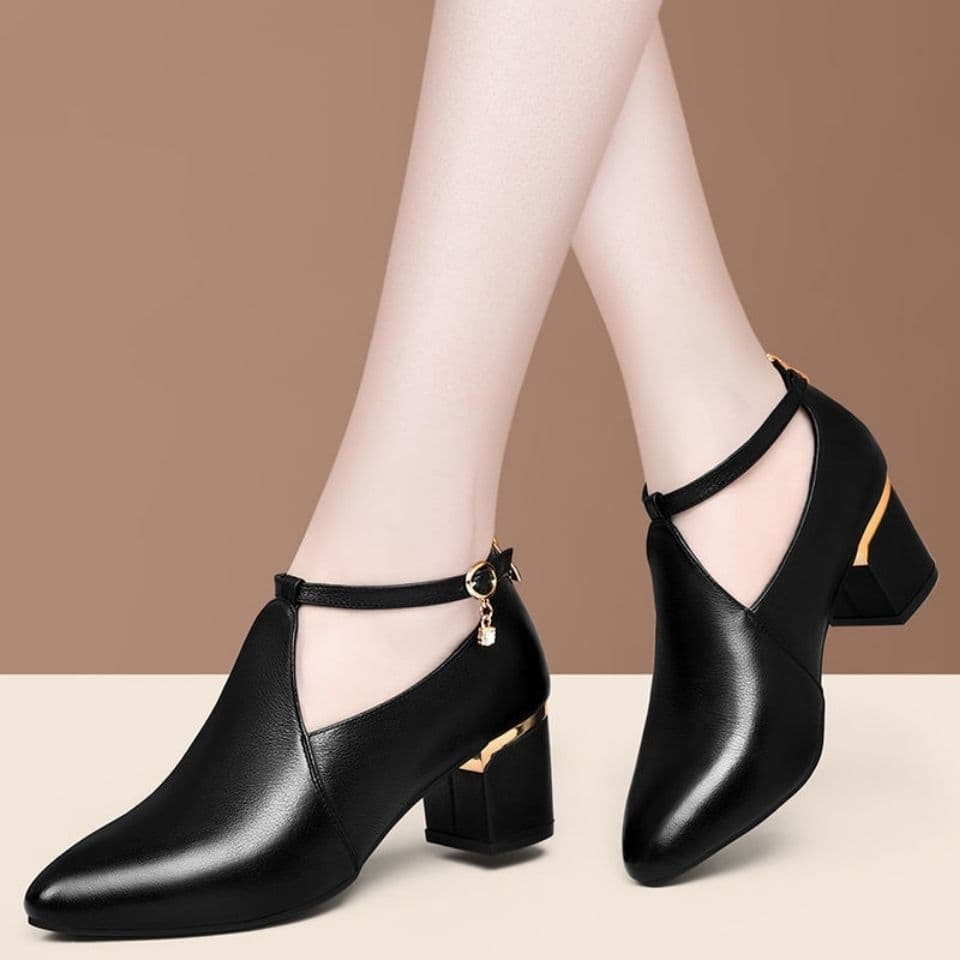 Thick Heel Medium Heel Flats for Women Spring & Fall New Versatile High Heel Genuine Leather Shoes Comfortable Soft Sole Large Size Women's Shoes Mother's Shoes