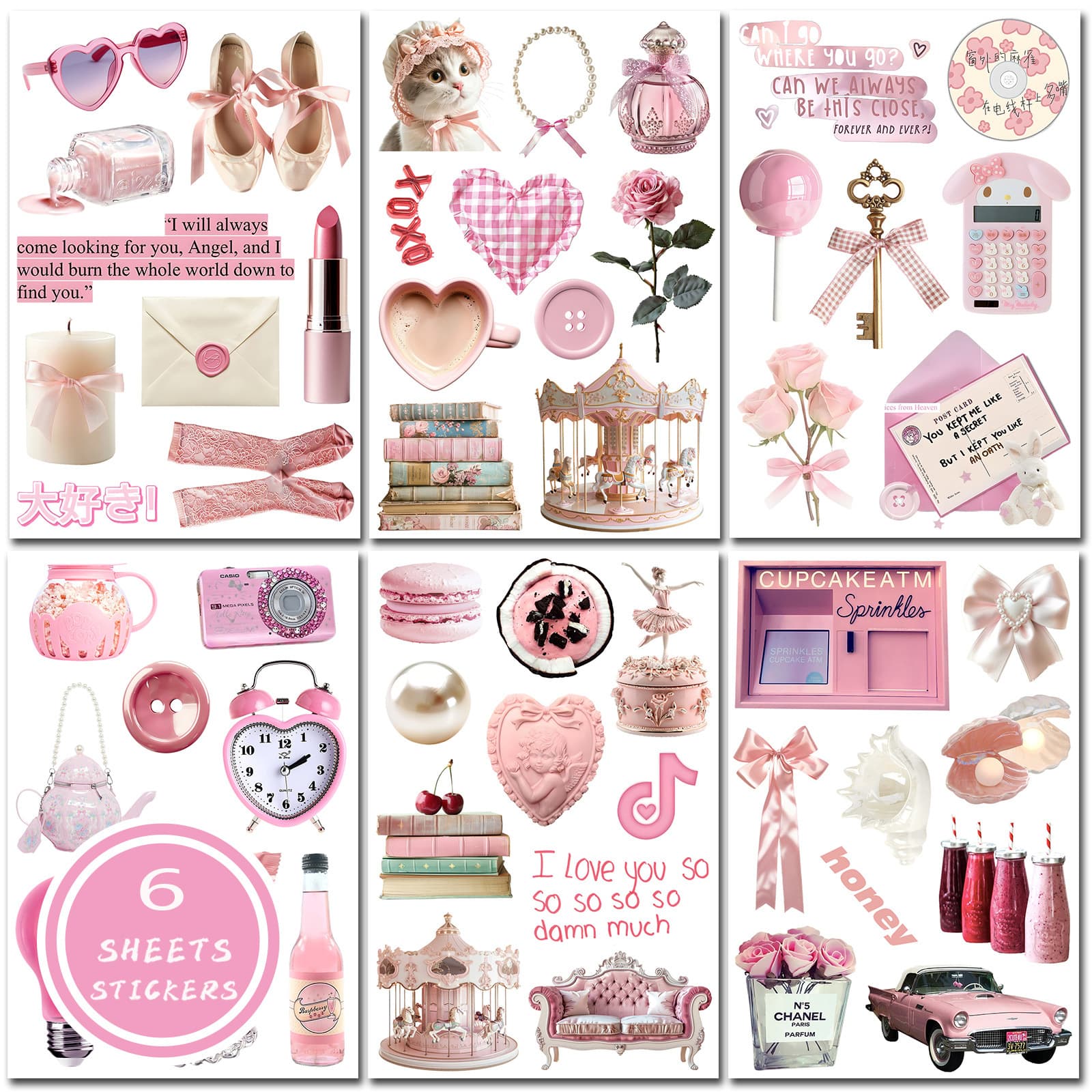 6 cut film stickers cartoon pink girl heart ins simple style hand account decoration mobile phone case suitcase stickers