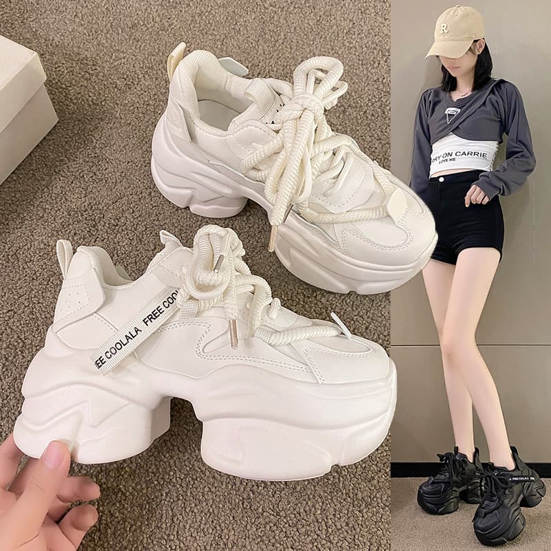 Heightening Sports White Shoes for Women, Trbottomy Thick-Soled Street Casual Dad Shoes, Women's Autumn Running Shoes, 2024 Season New Slimming Look
