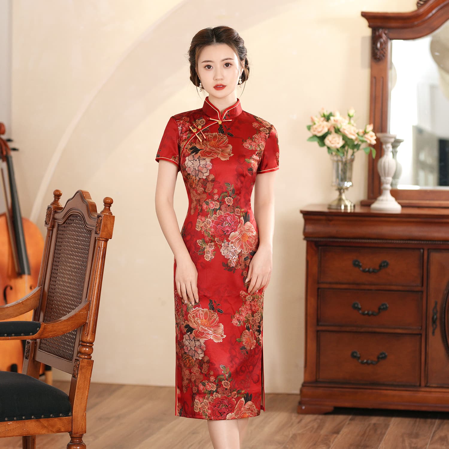 Mid-length cheongsam summer 2025 new women's retro short-sleeved wedding banquet mother's wear daily improved version dress