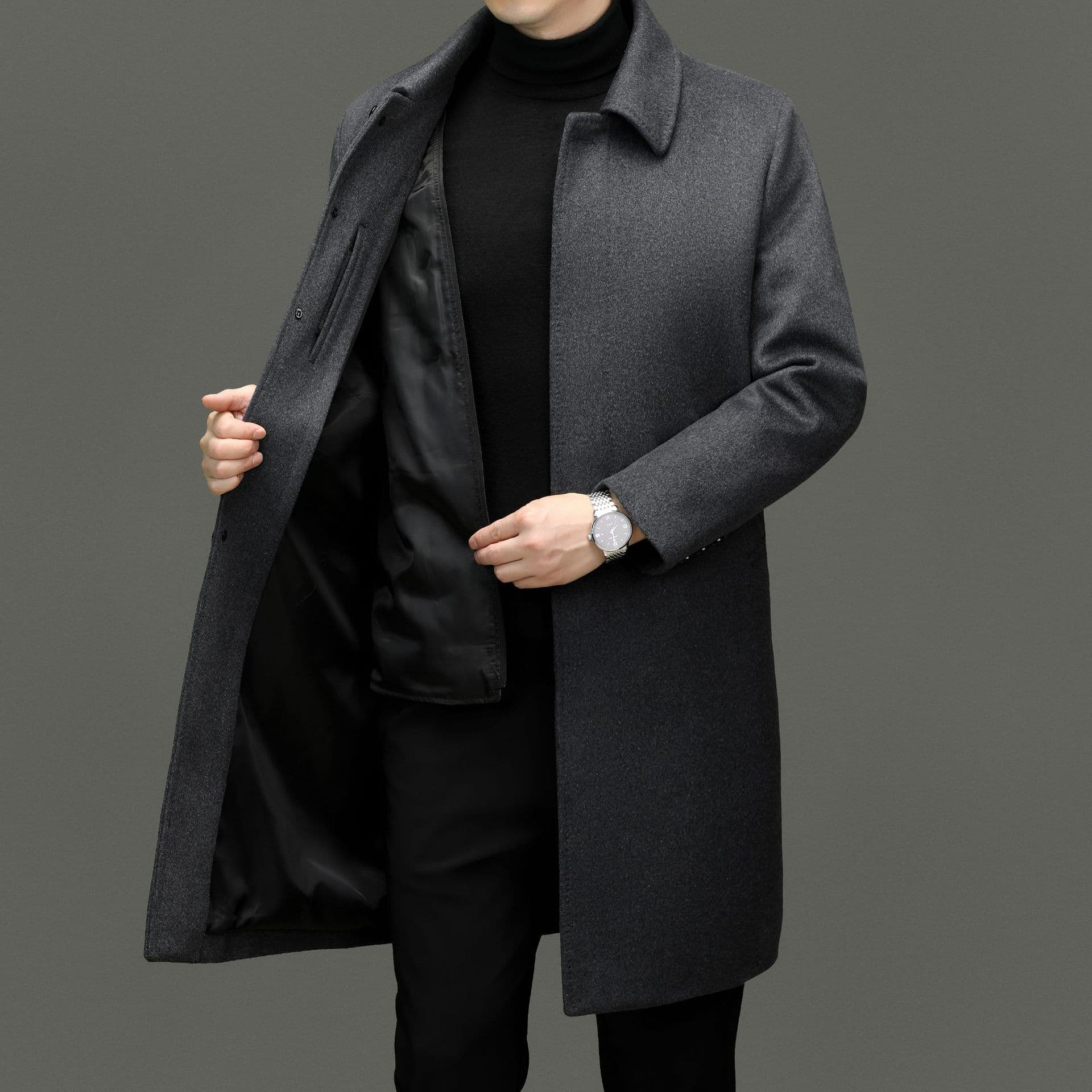 New men's wool coat, suitable for middle-aged fathers, autumn and winter, long wool trench coat with detachable down lining.