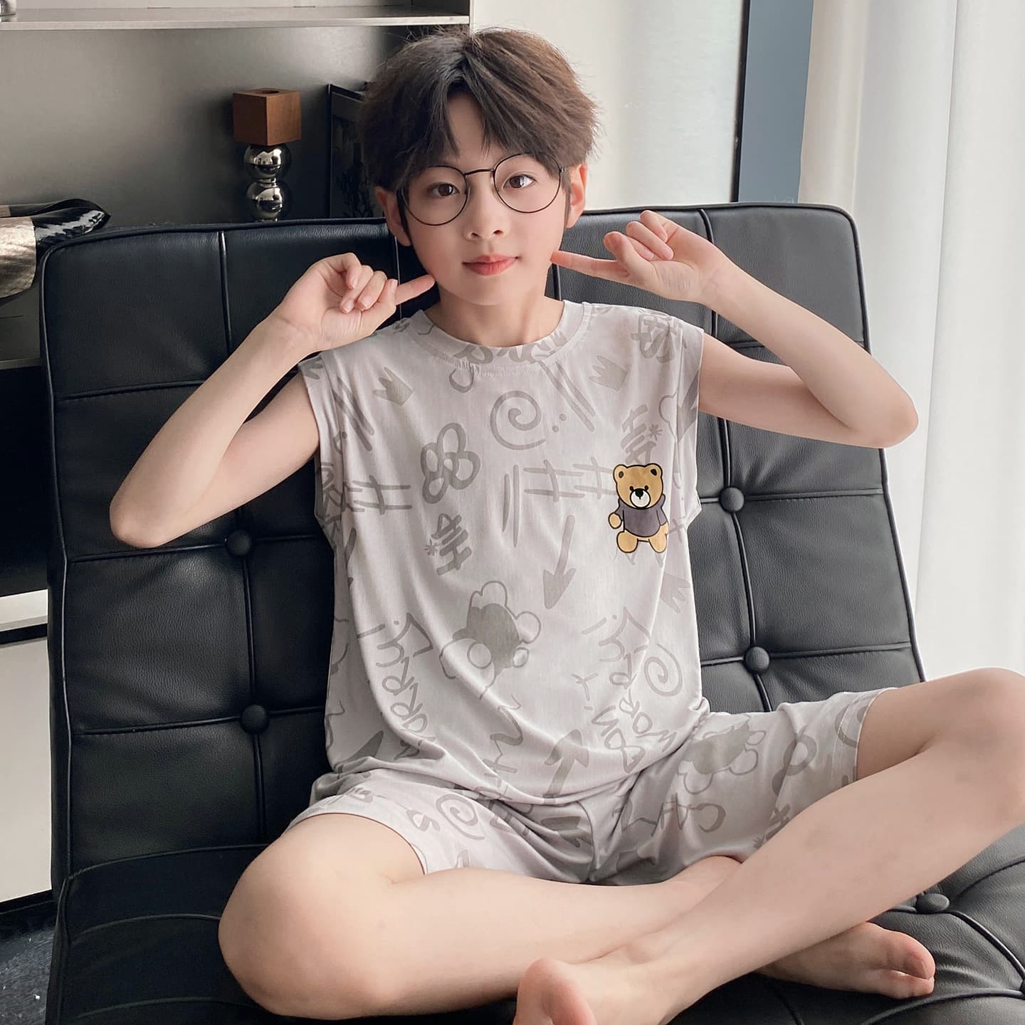 Boys' Pajamas Summer Vest Thin Modal Cotton Shorts Set for Kids Teens Family Matching Loungewear