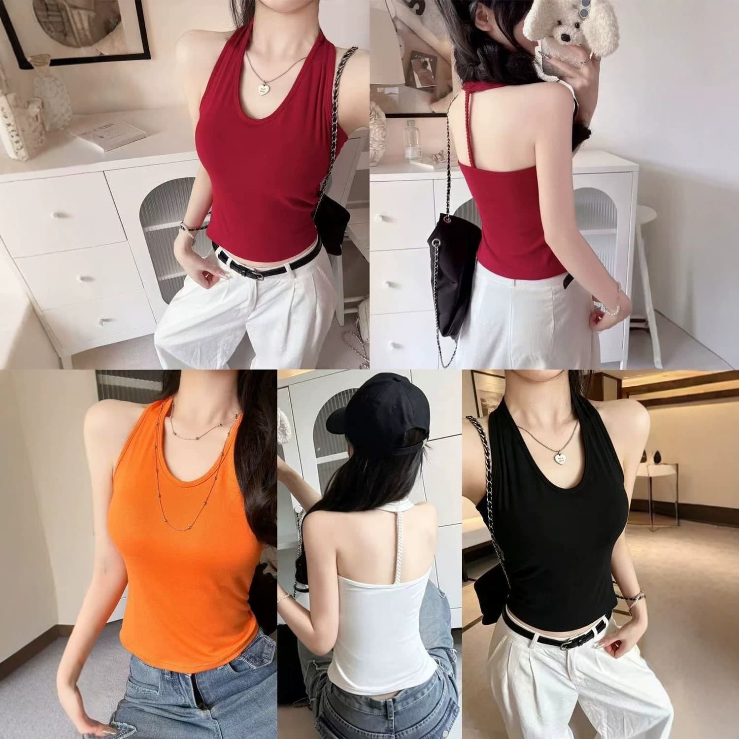 Sexy Open Back Halter Camisole Top for Women, with Built-in Pads, Slim Fit, Inner and Outer Wear, Sexy Backless Base Top