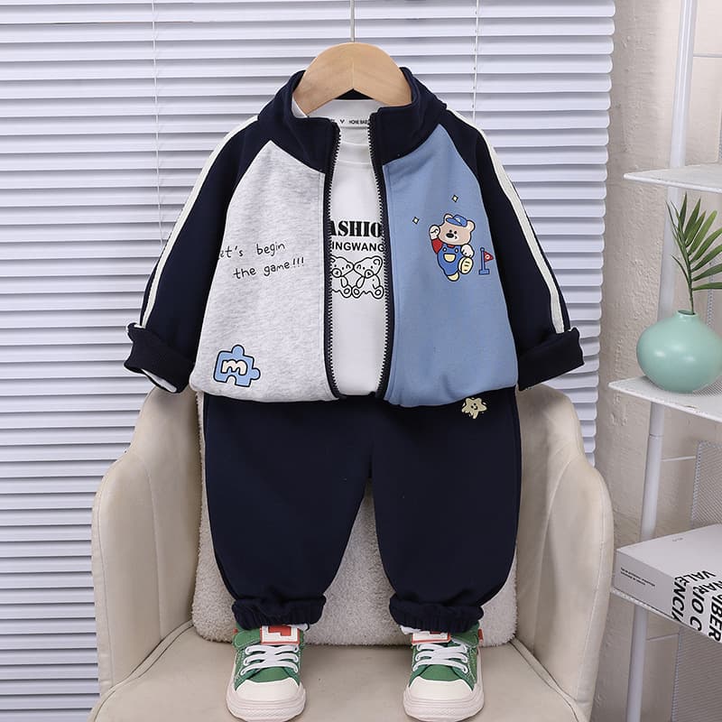Children's Suit Spring and Autumn Baby Color Matching Bear Three-piece Suit Casual Boys Autumn Clothes Children's Clothing Handsome Spring Autumn Suit Trendy