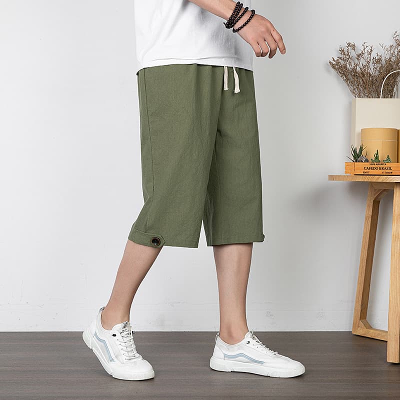 Linen shorts men's summer thin loose straight pants solid color versatile national trend pants cotton and linen casual mid-length pants