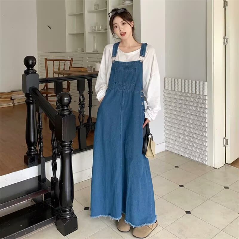Plus Size Summer 2026 Korean Style Blue Suspender Dress for Women, Overweight MM Tummy Cover Slimming Denim Long Skirt