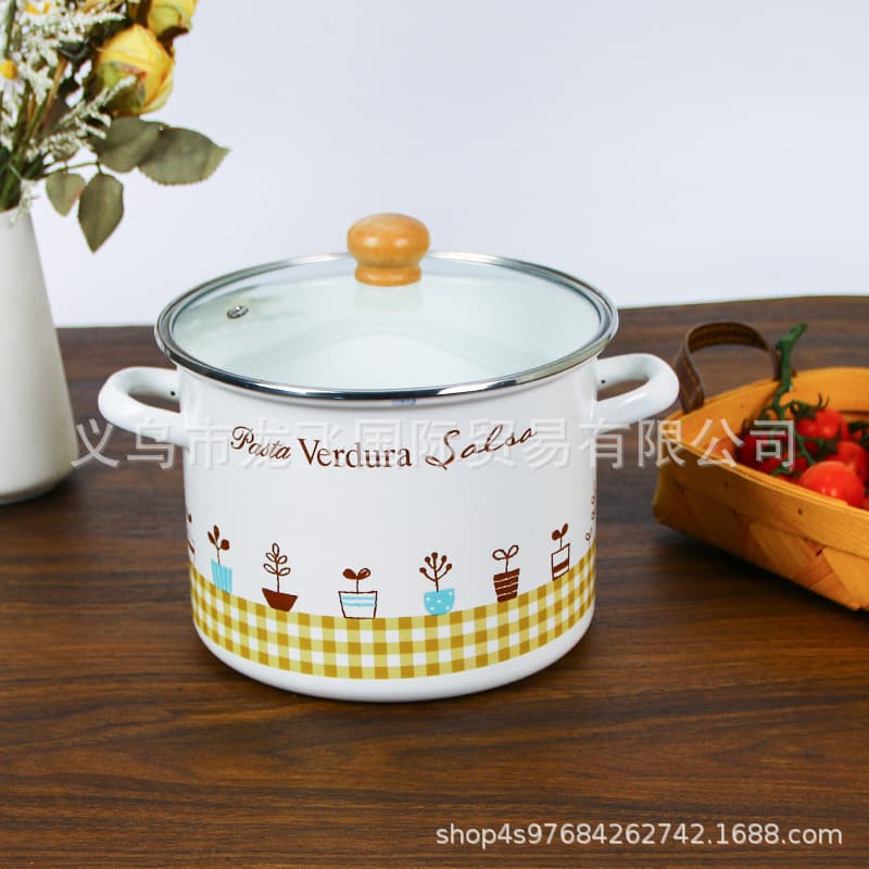 Factory Enamel Soup Pot Cartoon Double Ear Cross-border with Lid T20cm Straight Pot Household Enamel Stew Pot Cute Soup Bowl