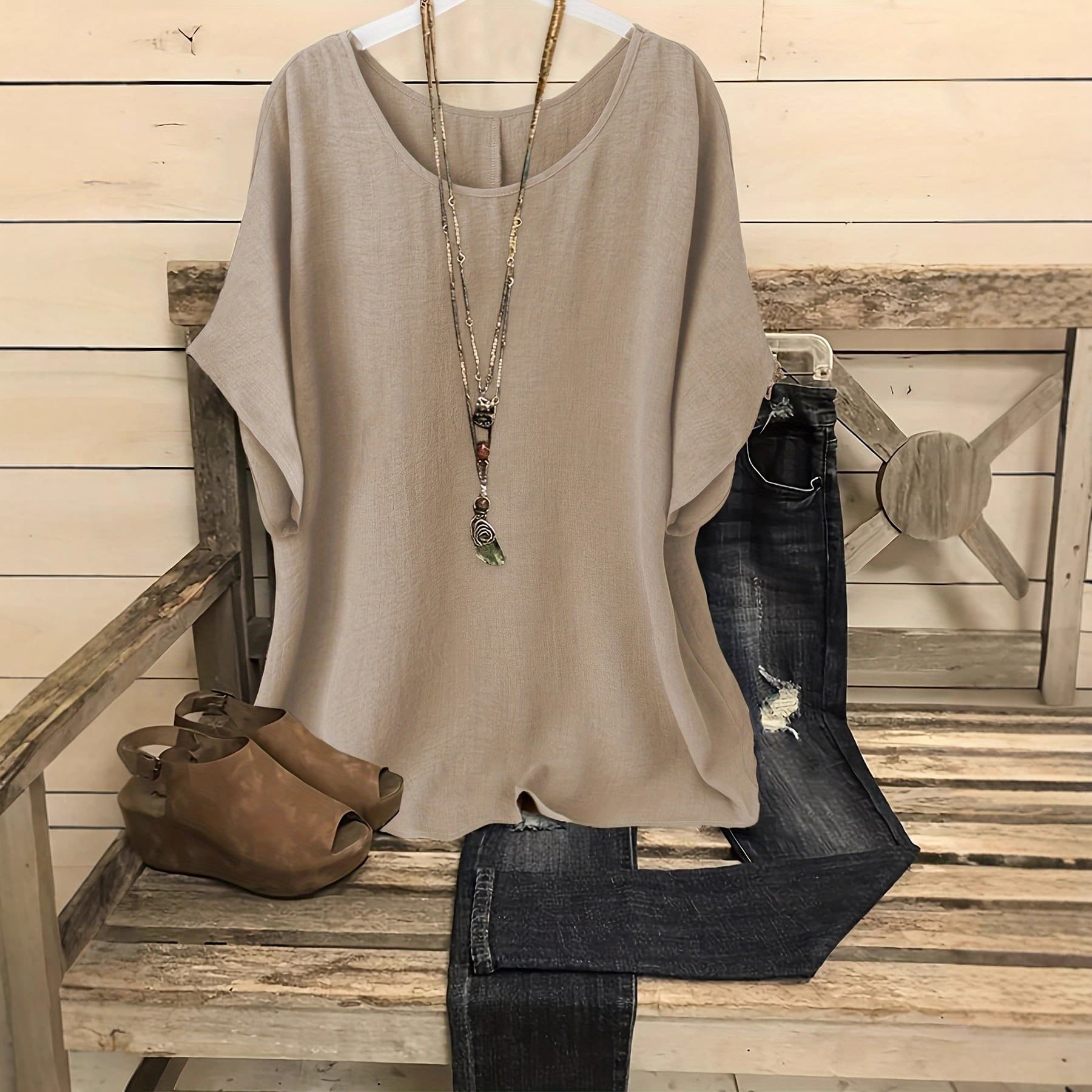 Casual Solid Color Round Neck Cotton Linen Plus Size Women's Top 2025 New Arrival Amazon Hot Selling