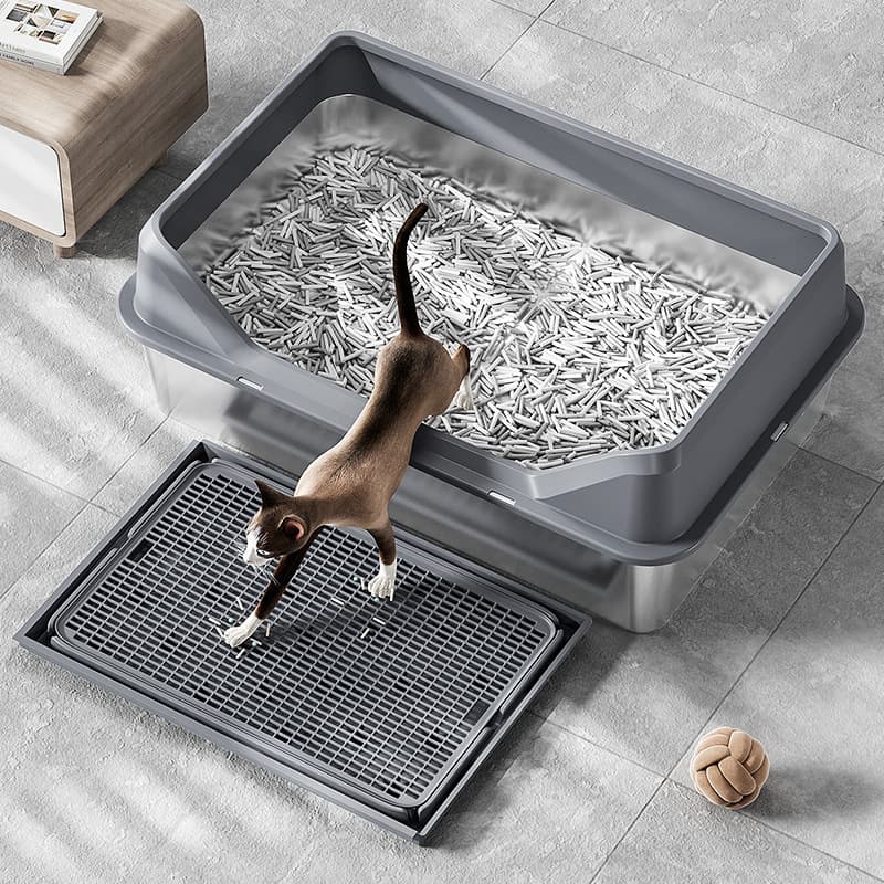 Cross-border Stainless Steel Cat Litter Box Anti-Splash Cover with Litter Mat, Anti-Tracking Sand Mat, Leak-Proof Pad, Pet Cat Toilet