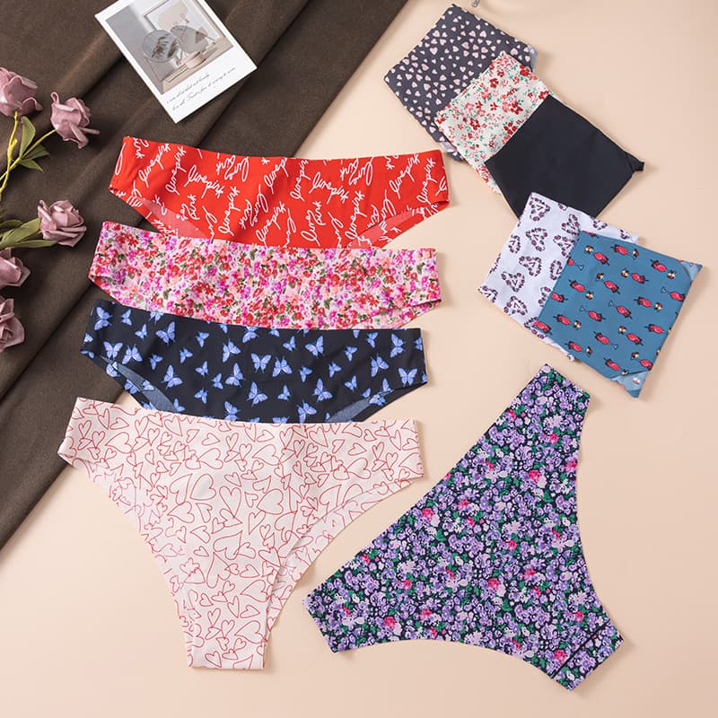 New Ice Silk Seamless Lingerie Panties for Women, Printed Low-Rise Sexy Yoga Triangle Panties