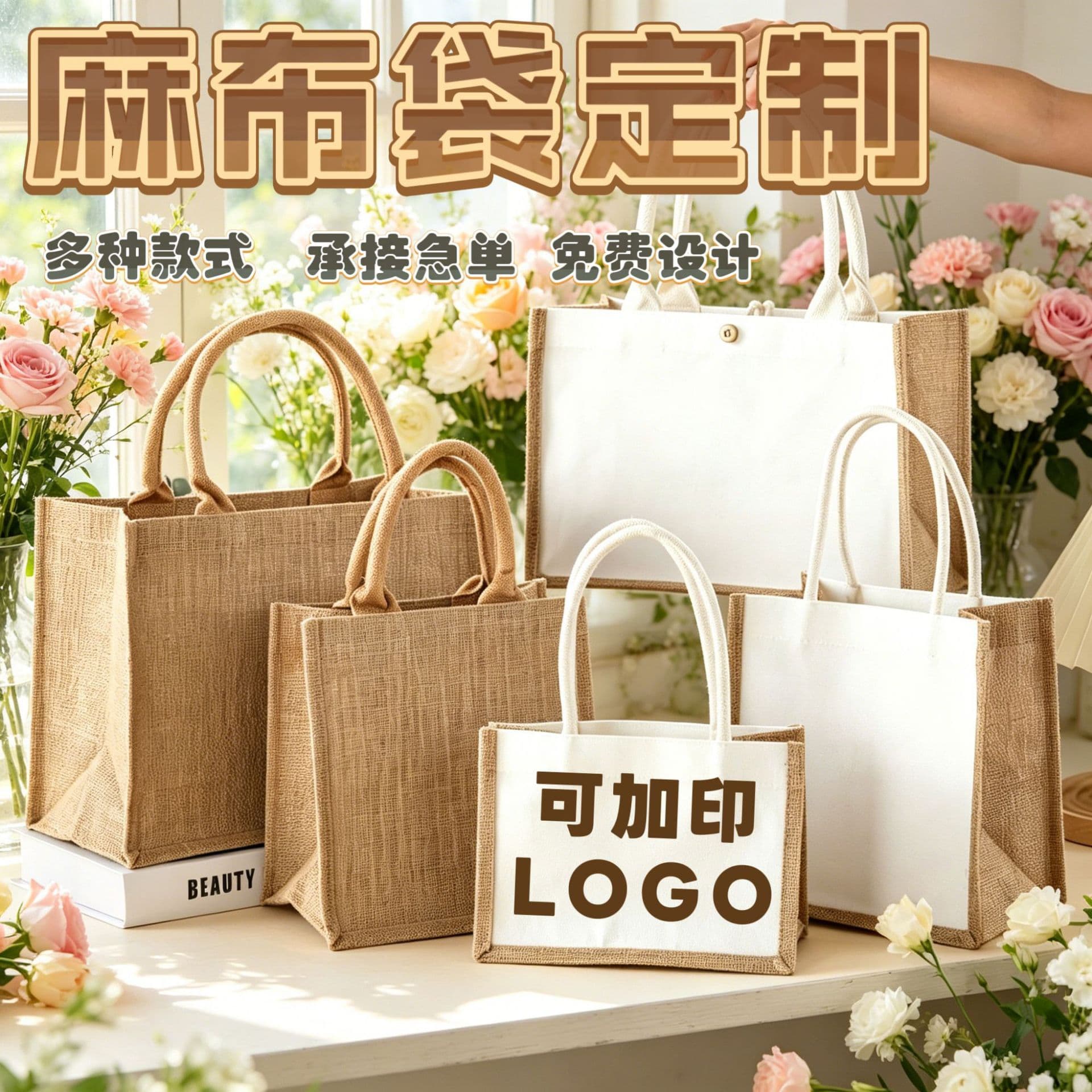 In stock, blank portable linen bags with printable logo, customized shopping bags, custom-made children's gift bags