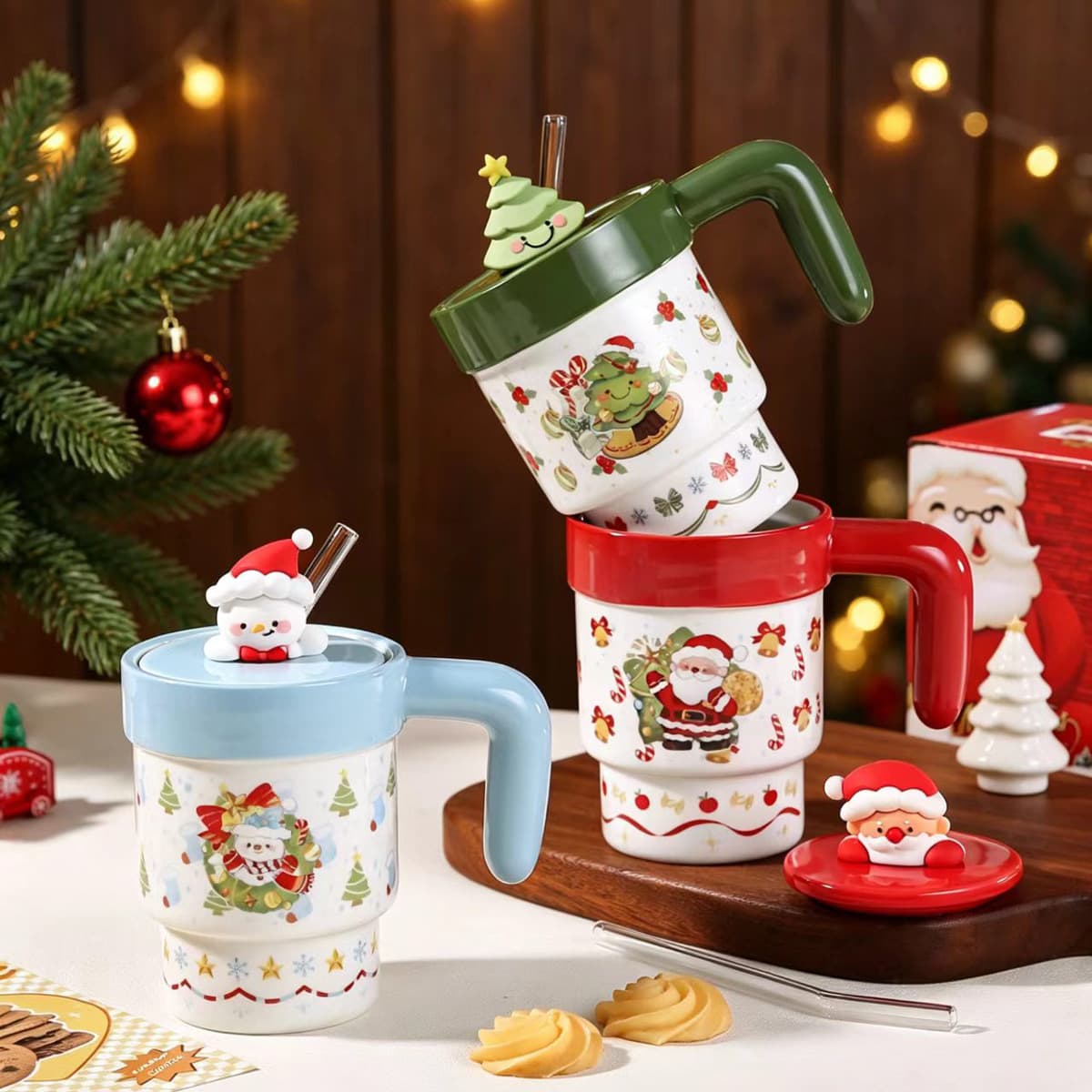 Christmas Gift Large Capacity Mug Gingerbread Man Cup with Lid Christmas Gift Souvenir Set