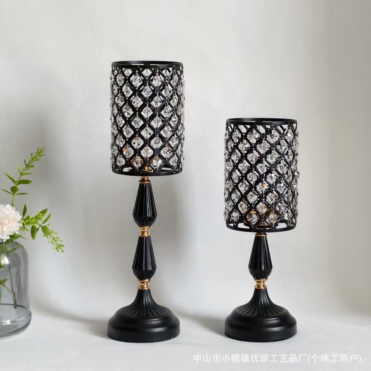 Large American Black Gold Crystal Candle Holder, Large Candle Stand, Restaurant Ambiance Design Style Black Crystal Candle Holder