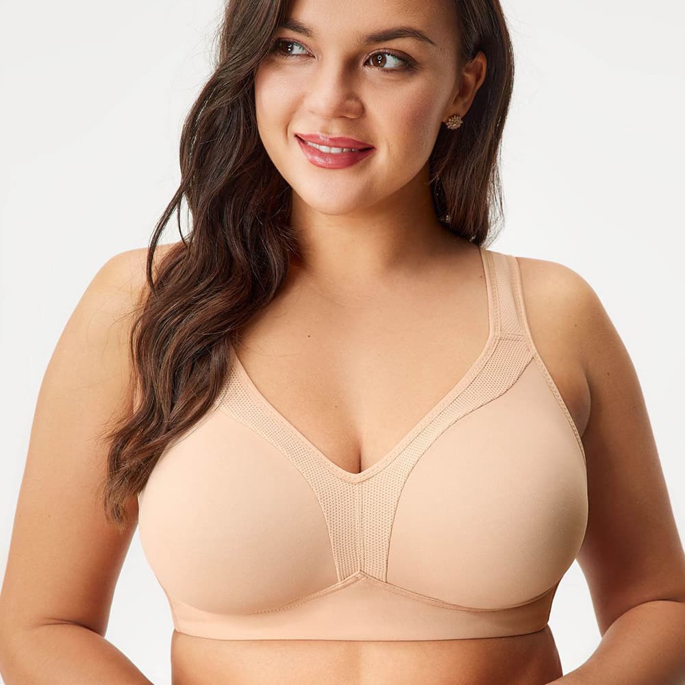 Cross-border plus-size seamless mesh fabric comfortable full-cup wireless bra customization, full-service with quick sampling.