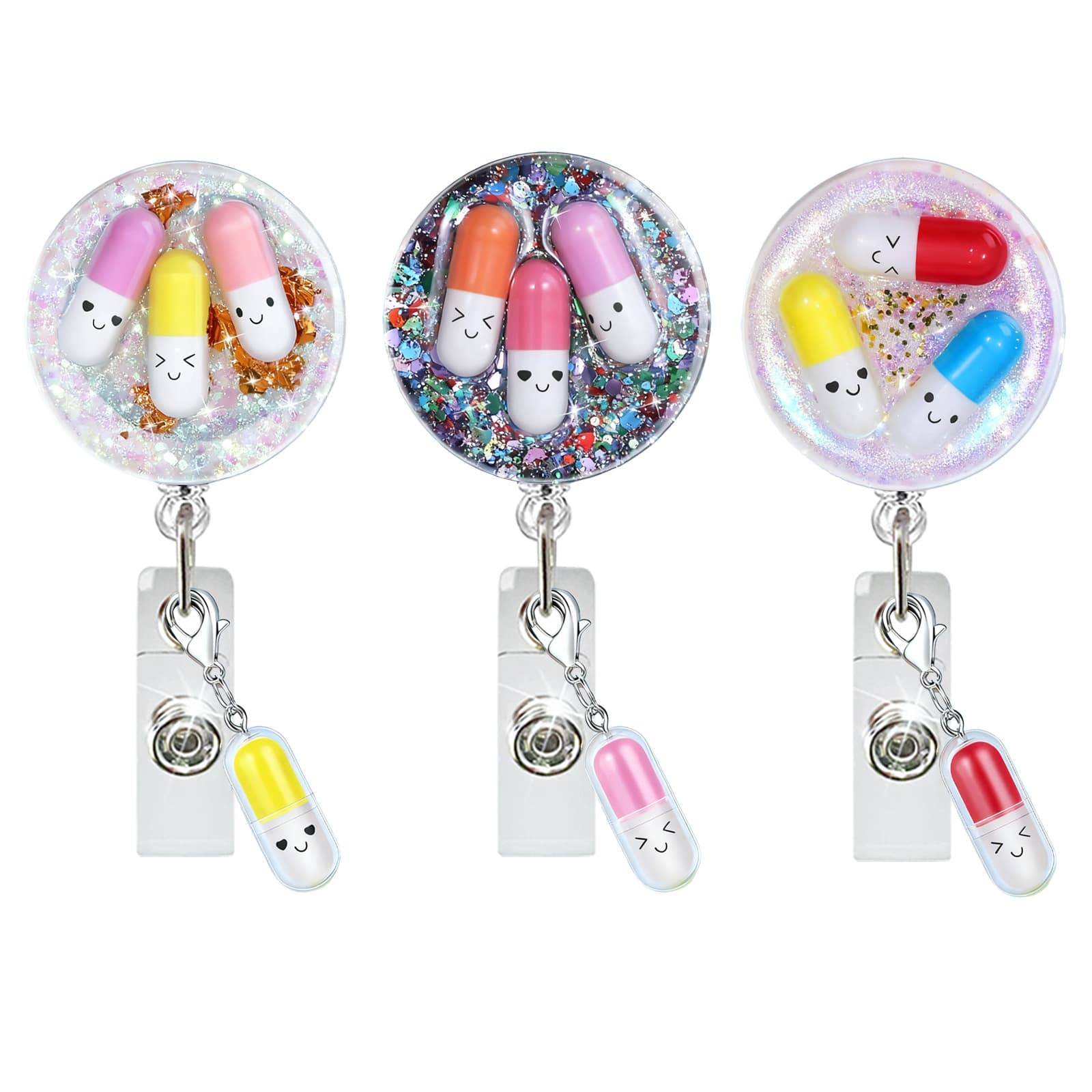 Medical Gift Pill Pendant Glitter Acrylic Retractable Rotating Badge Scroll Alligator Clip ID Pull-Tab