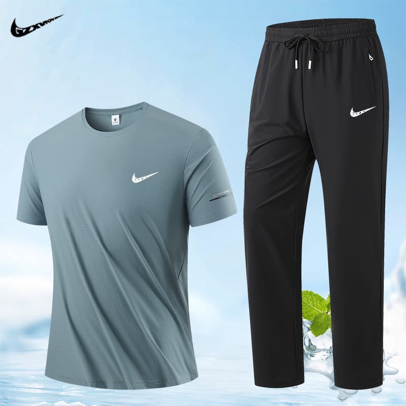 Summer new casual sports suit men's breathable ice silk men's short-sleeved T-shirt casual trousers dad two-piece set