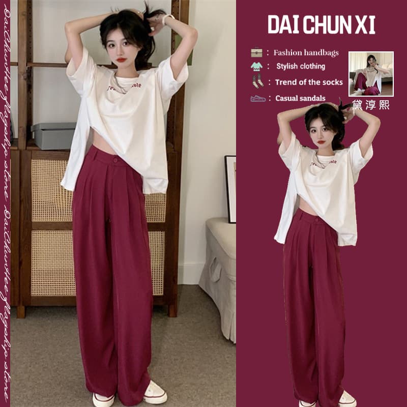 Summer Women Slimming Matching Complete Street Style Set Petite Salty Style Outfit Top Wide Leg Pants Two-Piece