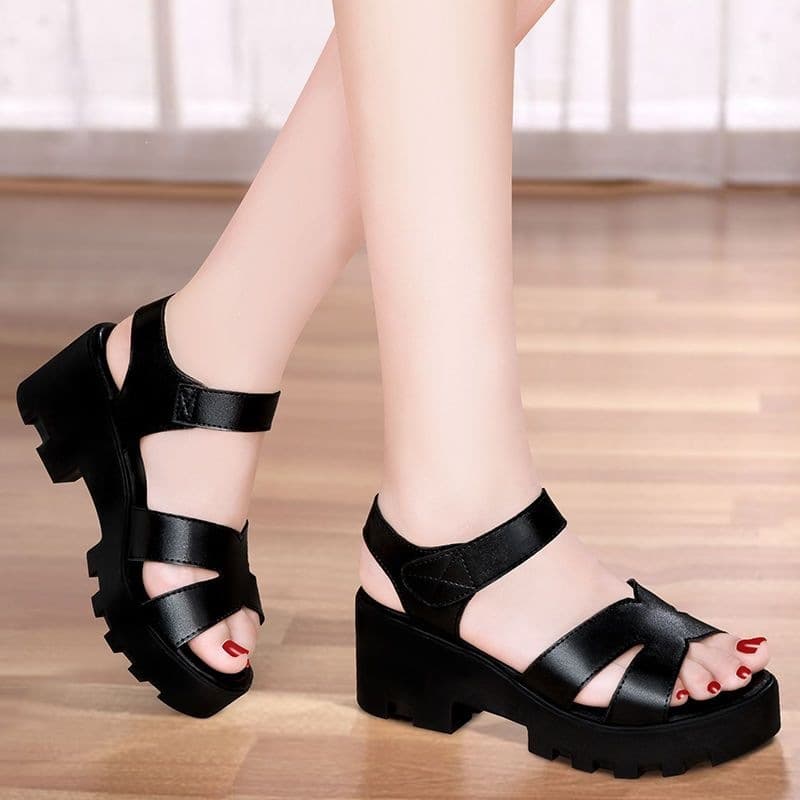 Genuine Soft Leather High Heel Sandals for Women Summer Mid Heel Chunky Heel Thick Sole Platform Model Catwalk Sandals Velcro Student Shoes