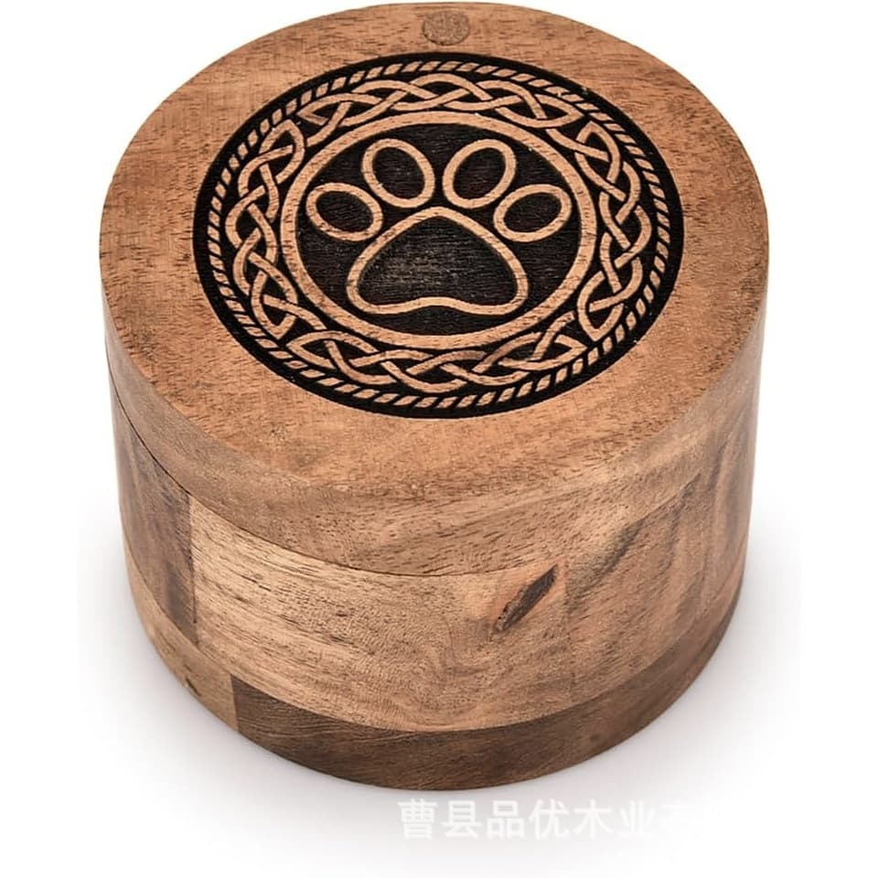 Wooden Pet Paw Print Urn Dog Hair Memorial Collection Box Solid Wood Round Cat Dog Cremation Ash Container