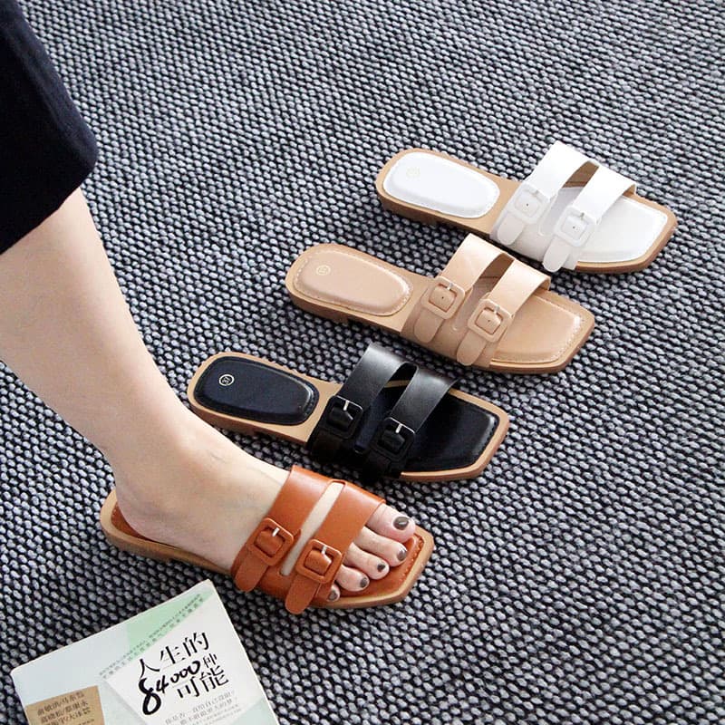 Factory Ladies Slippers - Fashionable Belt Buckle Flat Square Toe Sandals from Chaozhou
