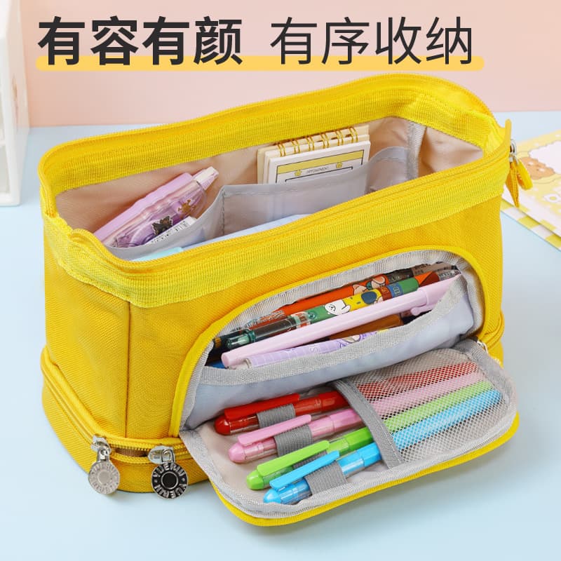 Large Capacity Canvas Pencil Case Multi-layer Handheld Stationery Box Korean Style Simple Design Student Storage Art Supplies