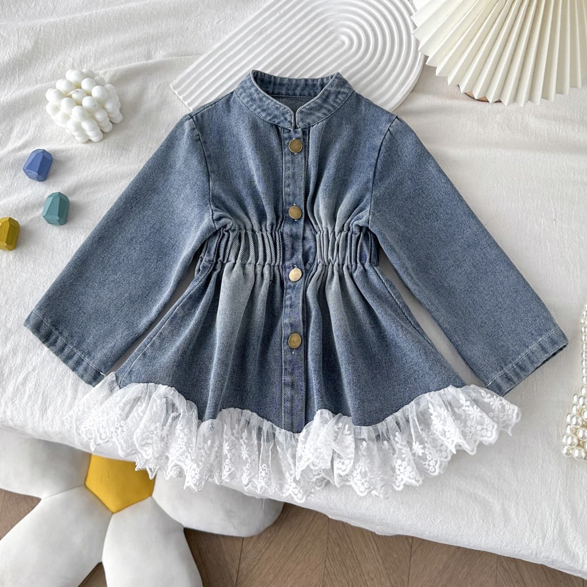 77527 Girls' Denim Jacket 2025 Korean Style New Jacket Autumn Lace Splicing Denim Dress