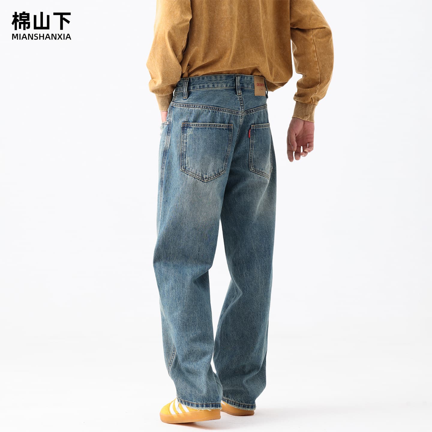 Mianshanxia Winter Blue Denim Jeans Men Loose Straight Wide Leg Oversized Retro New Tang Washed Casual Pants