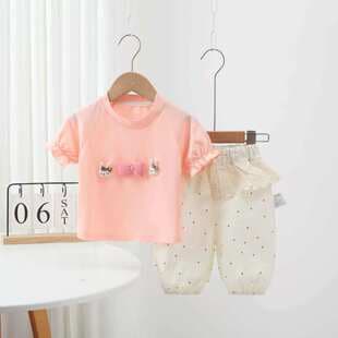 Girls' Summer New Cartoon Short Sleeve Set Sweet and Cute Baby Girl Short Sleeve Pinafore Polka Dot Pants Casual Two-Piece Set
