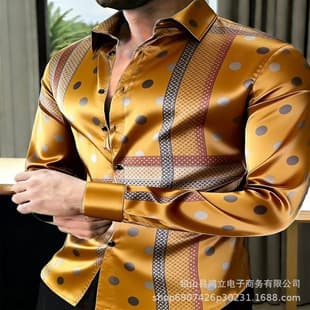 2026 Sapphire Blue Satin White Vertical Stripe Geometric Dot Notch Lapel Long Sleeve Shirt Lightweight Slim Fit Men's