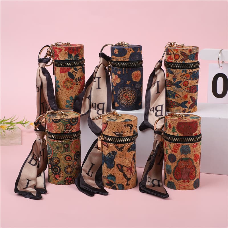 Vintage European and American Paper Leather Wood Grain Lipstick Bag Round Bucket Fashion Student Coin Purse Portable Multi-Functional Bag Charm