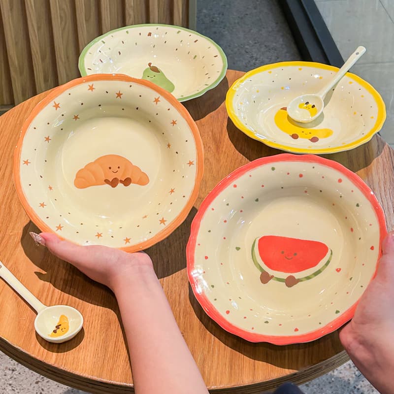 2025 New Cream Style Fruit Plate Home Dinner Plate Ceramic Round Deep Plate High-Quality Tableware