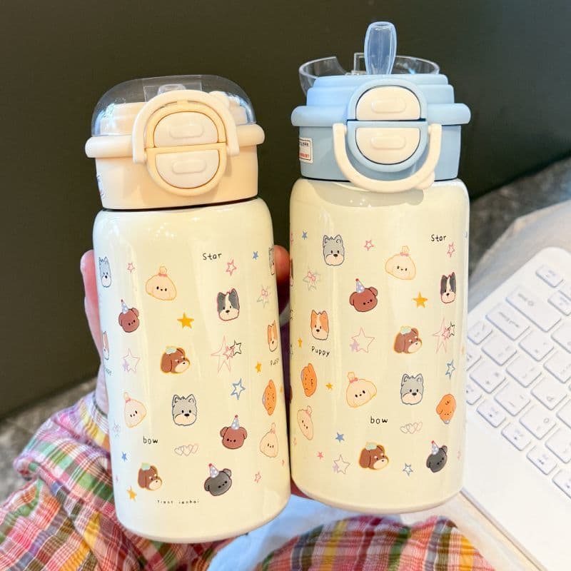 Dog simple children's thermos cup 316 stainless steel girl's high-looking double drinking straw thermos cup student portable