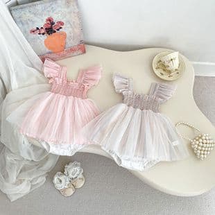 Baby Girl Summer New Style Flutter Sleeve Mesh Dress, Stylish Infant Bodysuit, Newborn Full Moon First Birthday Romper