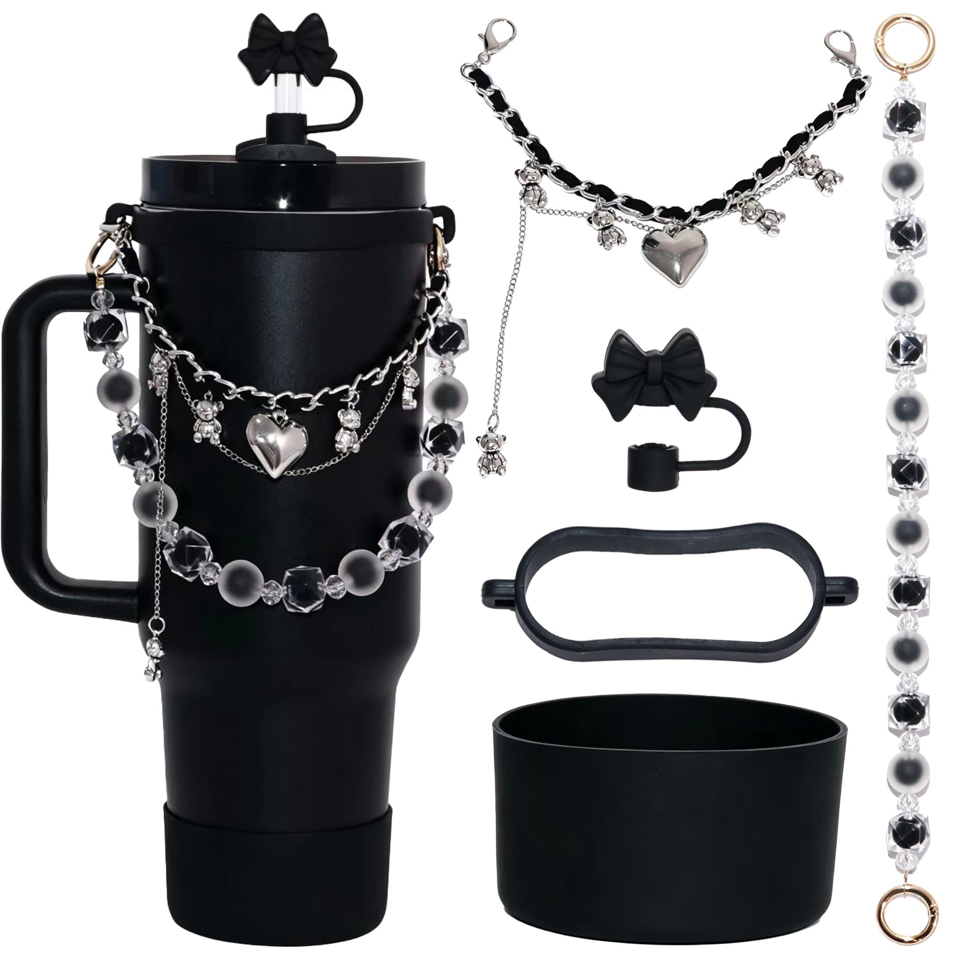 Stanley Cup Accessories Set, Sweet & Cool Bear Heart Cup Chain, Anti-Leak Silicone Base, Full Decoration Kit