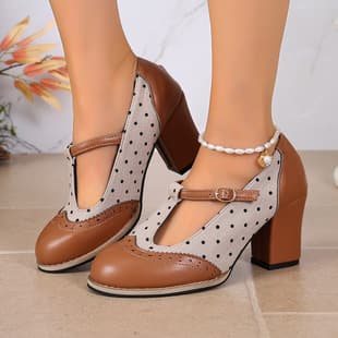 New Foreign Trade Style Plus Size Lace Mary Jane Low-Heel Shoes for Women, Color-Block T-Strap Shoes, Shallow Mouth Chunky High Heel Buckle Shoes
