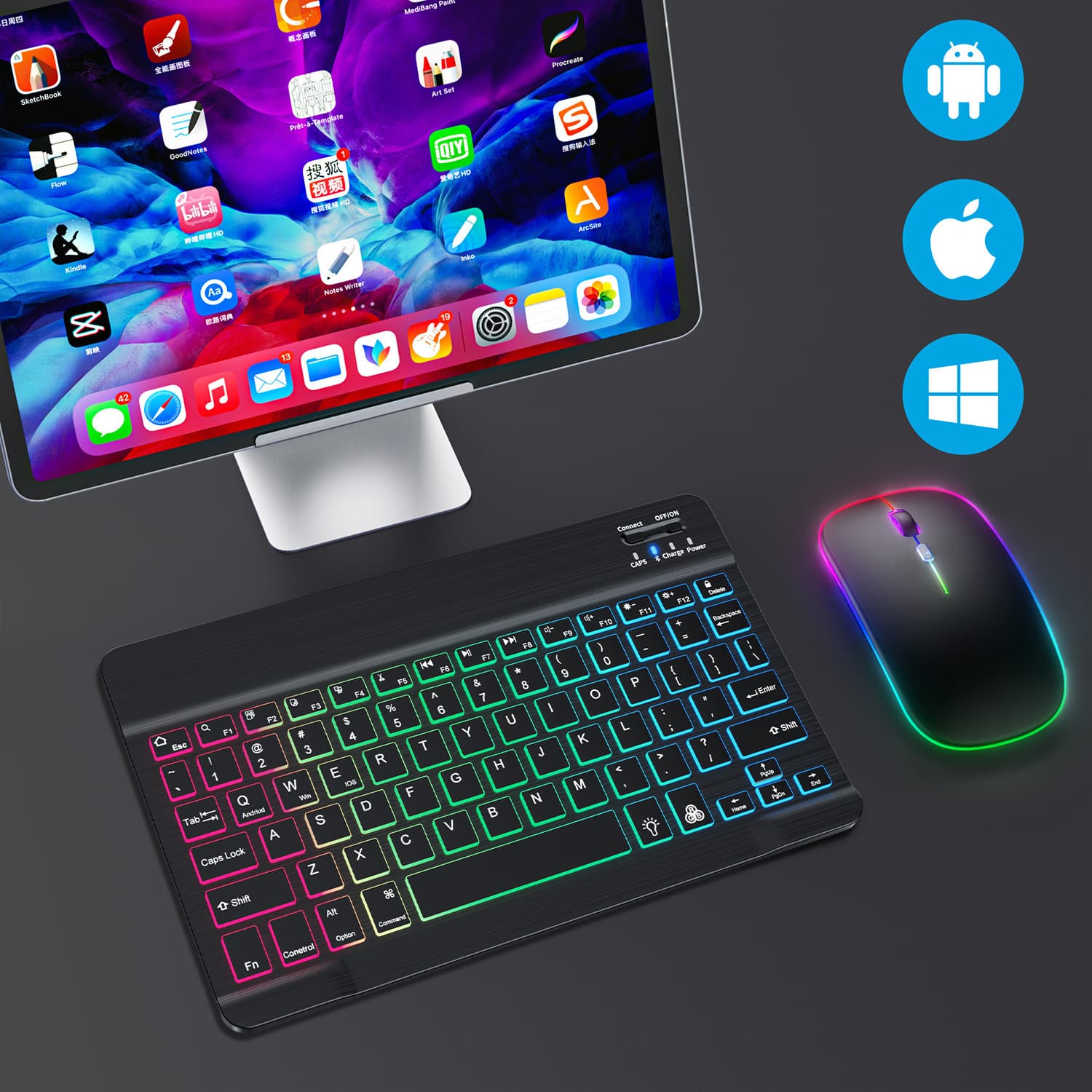 Gradient Glowing Wireless Keyboard Mouse Set Tablet Bluetooth Keyboard Russian Thai French Japanese Language Options