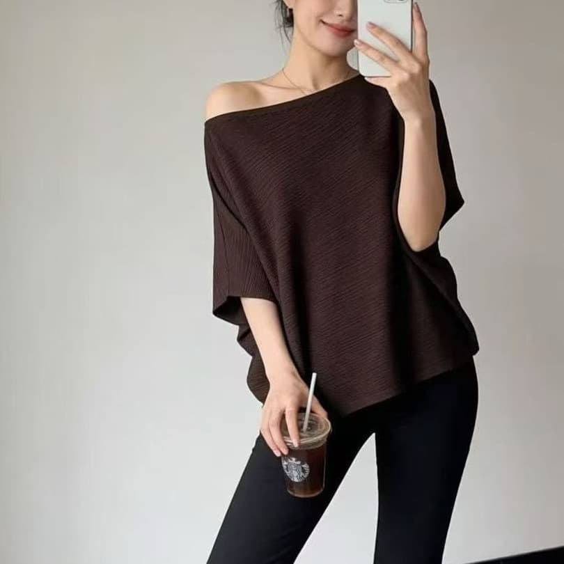 2026 New Fashion Batwing Sleeve Off-Shoulder Knit Top for Women, Summer Mint Green Loose Fit Slimming Sweater
