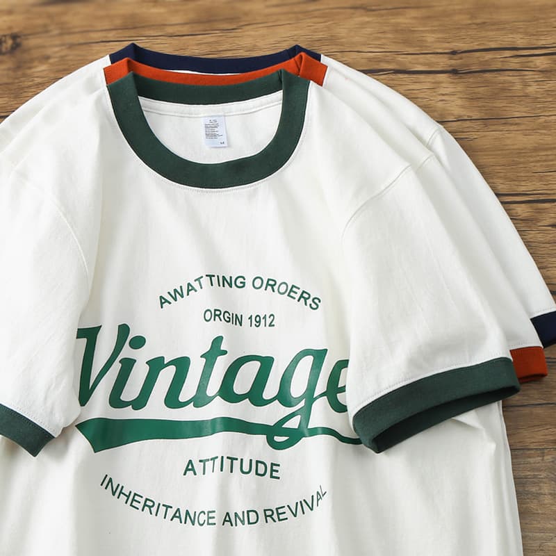 Vintage Boyfriend Style Short Sleeve T-Shirt Pure Cotton Heavyweight Color Block Print Lettering Men's Casual Summer Top