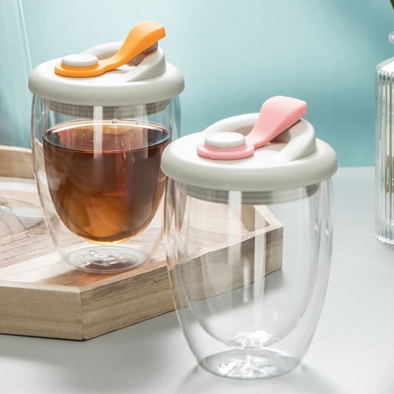 Transparent Glass Egg-Shaped Cup with Lid, Double-Walled Milk Coffee Cup with Lid, Glass Juice Drinking Cup