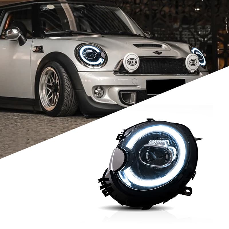LED Headlight Assembly for BMW MINI R56 R55 with Sequential Turn Signal and LED Lens