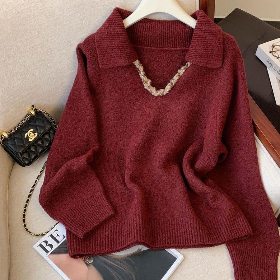 2026 Autumn/Winter Lapel Design Sweater Knitwear Red New Style Autumn/Winter Loose Long Sleeve Lazy Top Base Layer