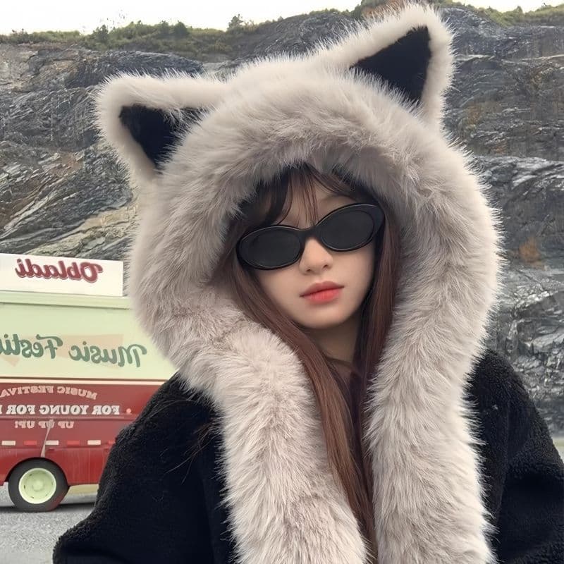 New Fluffy Fox Ear Scarf Hat, Winter Furry 2025 Style Face-Slimming Warm Ear Protection Lei Feng Hat