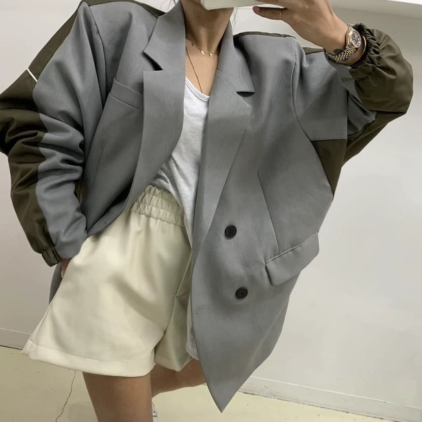 Korean Dongdaemun New Lapel Double-Breasted Jacket Patchwork Loose Casual Blazer