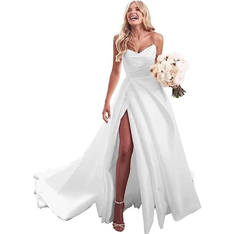 2025 Women's Strapless Prom Dress Satin Ball Gown Simple Bridal Wedding Dress Long Split Reception Dress